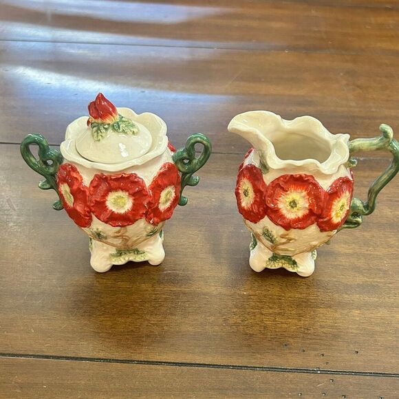 Kaldun & Bogle Red Poppies Ceramic Cream And Sugar, Vintage Discontinued 1990s - Picture 2 of 9